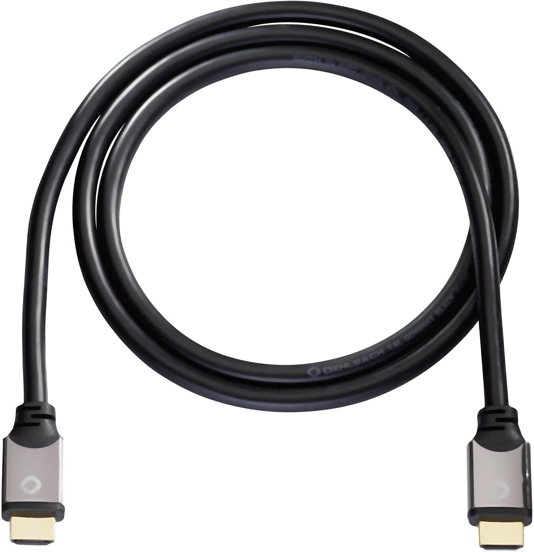 Un câble HDMI noir montré en forme de boucle, avec deux connecteurs à ses extrémités pour la transmission de signaux audio et vidéo.