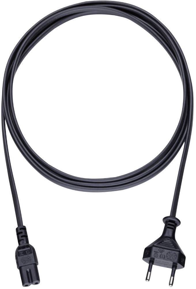 Un câble réseau noir avec une fiche Schuko et une connexion IEC-320-C7, adapté pour le branchement d'appareils électriques.