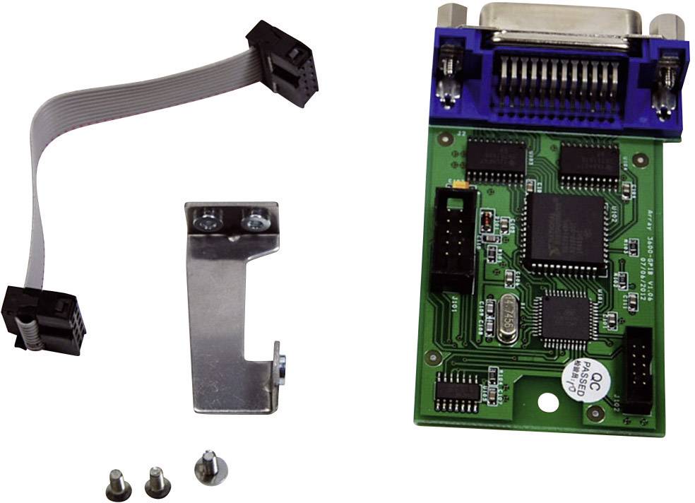 Une carte électronique verte avec un connecteur bleu en haut à droite, une nappe grise, un support métallique et trois vis à gauche.