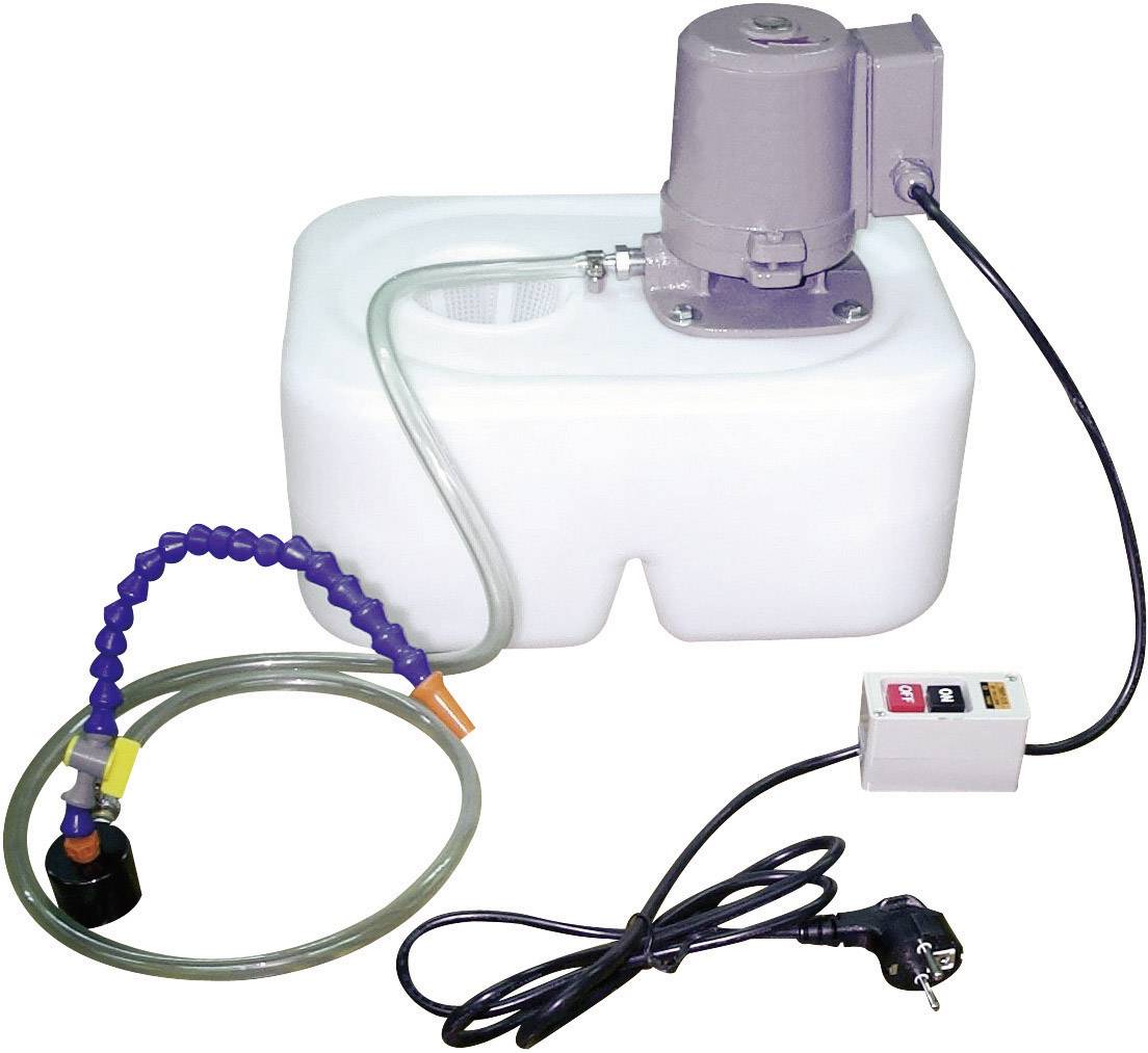 Pompe de refroidissement avec réservoir blanc, interrupteur et câble d'alimentation. Utilisée pour le refroidissement mécanique dans des applications industrielles.