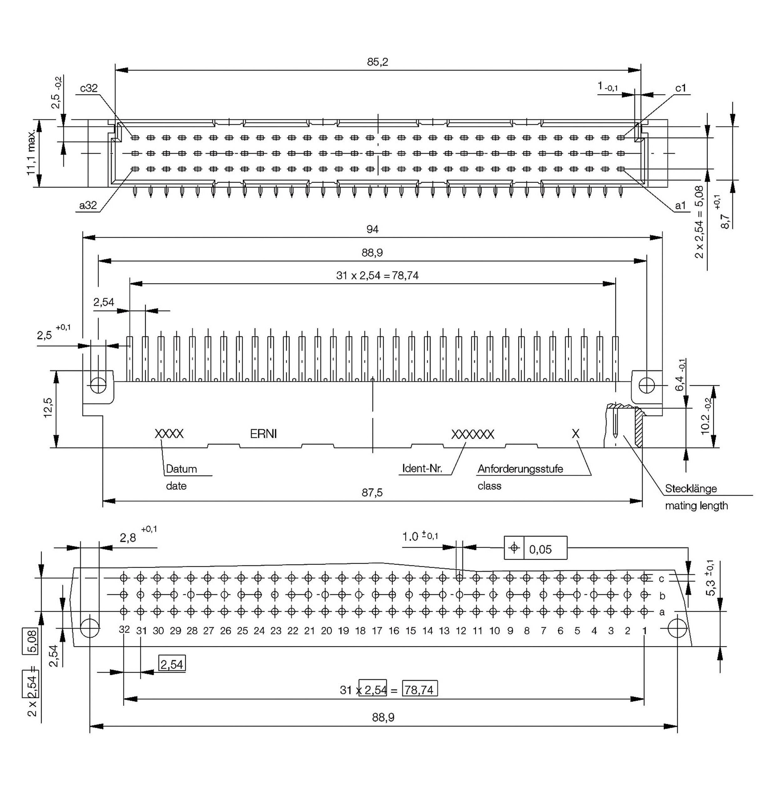 ERNI 364914 Connecteur mâle Nombre total de pôles 64 Nbr de rangées 2