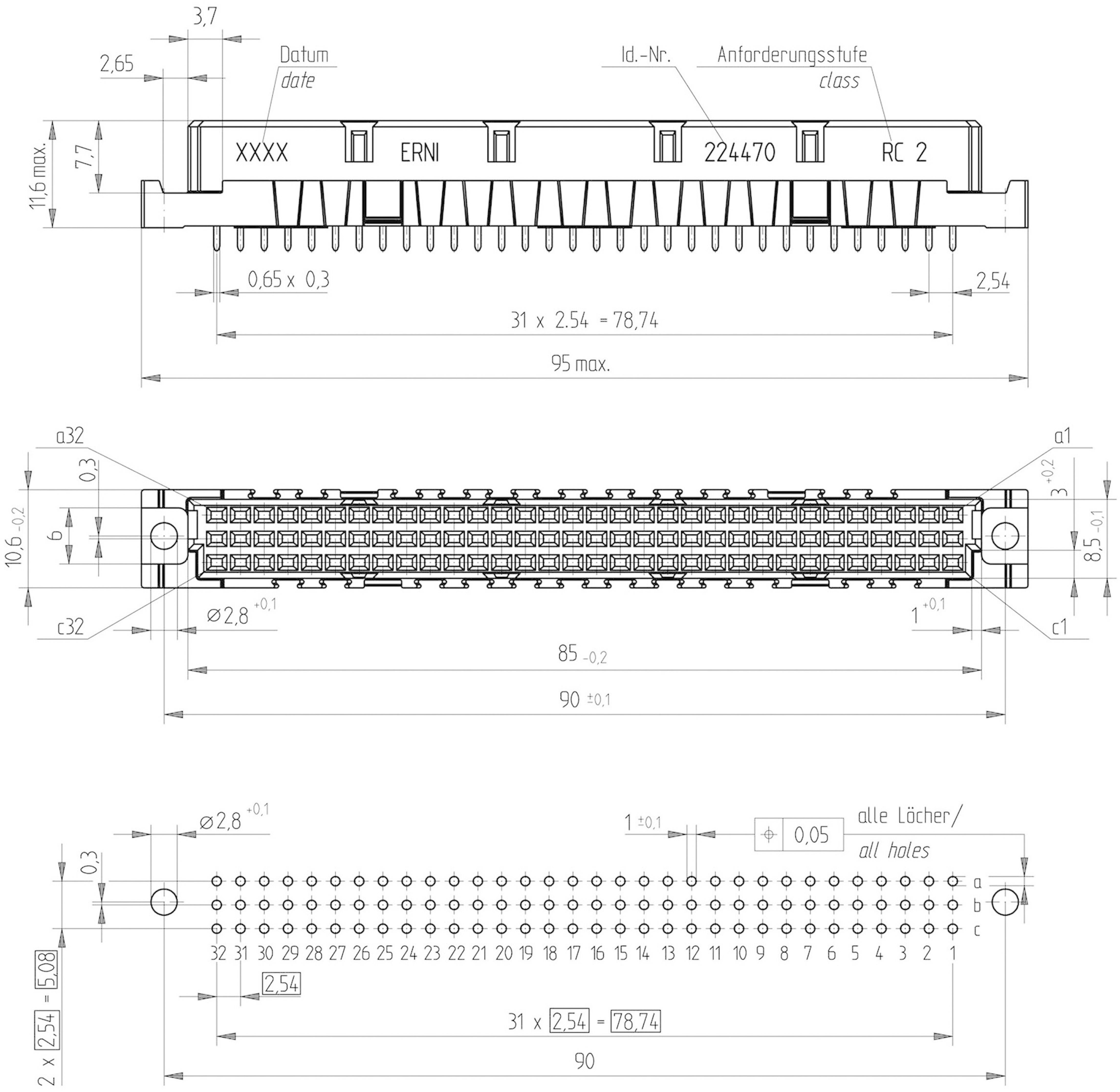 ERNI 214836 Connecteur femelle Nbr total de pôles 96 Nbr de rangées 3