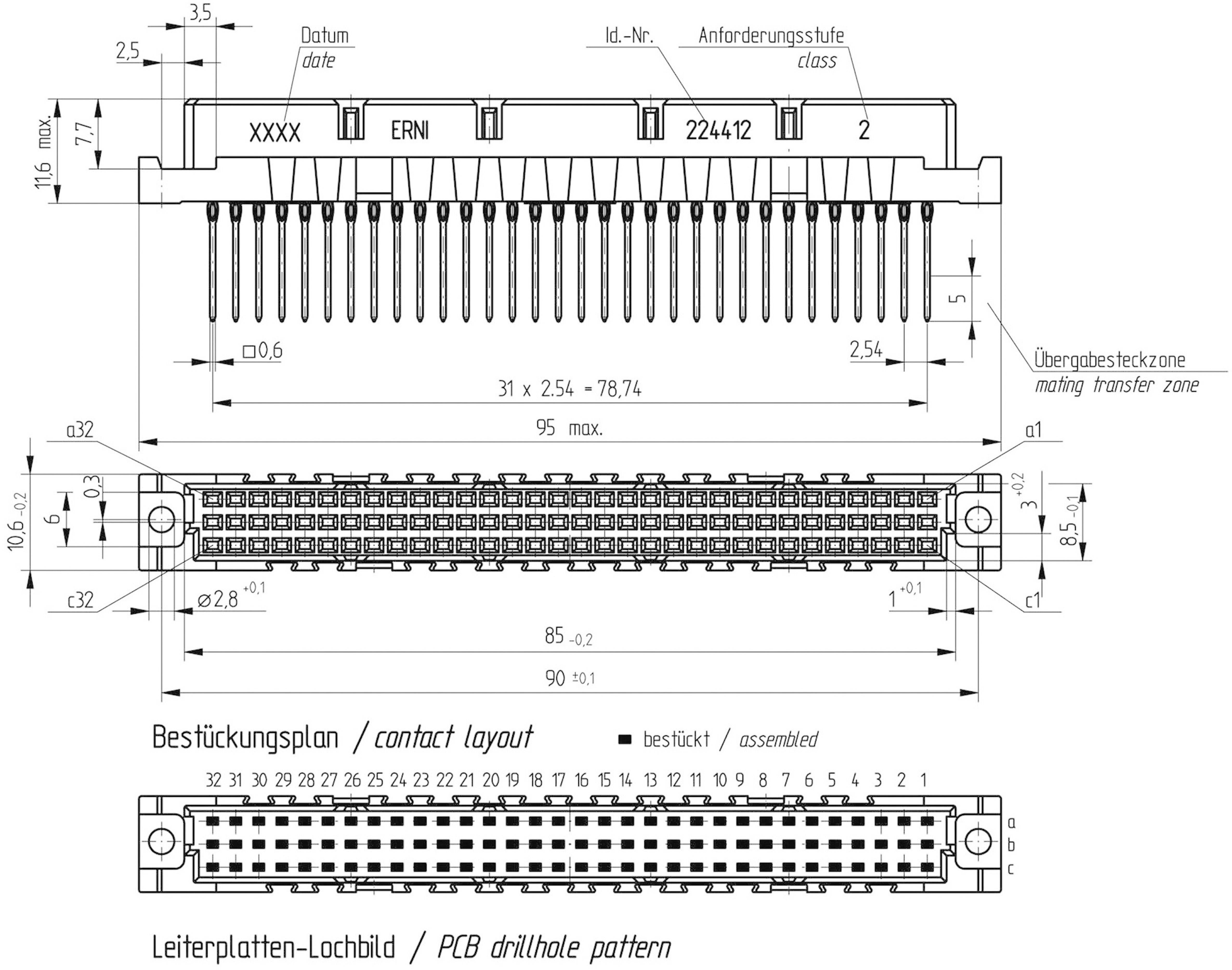 ERNI 224412 Connecteur femelle Nombre total de pôles 96 Nbr de rangées 3 1 pc(s)