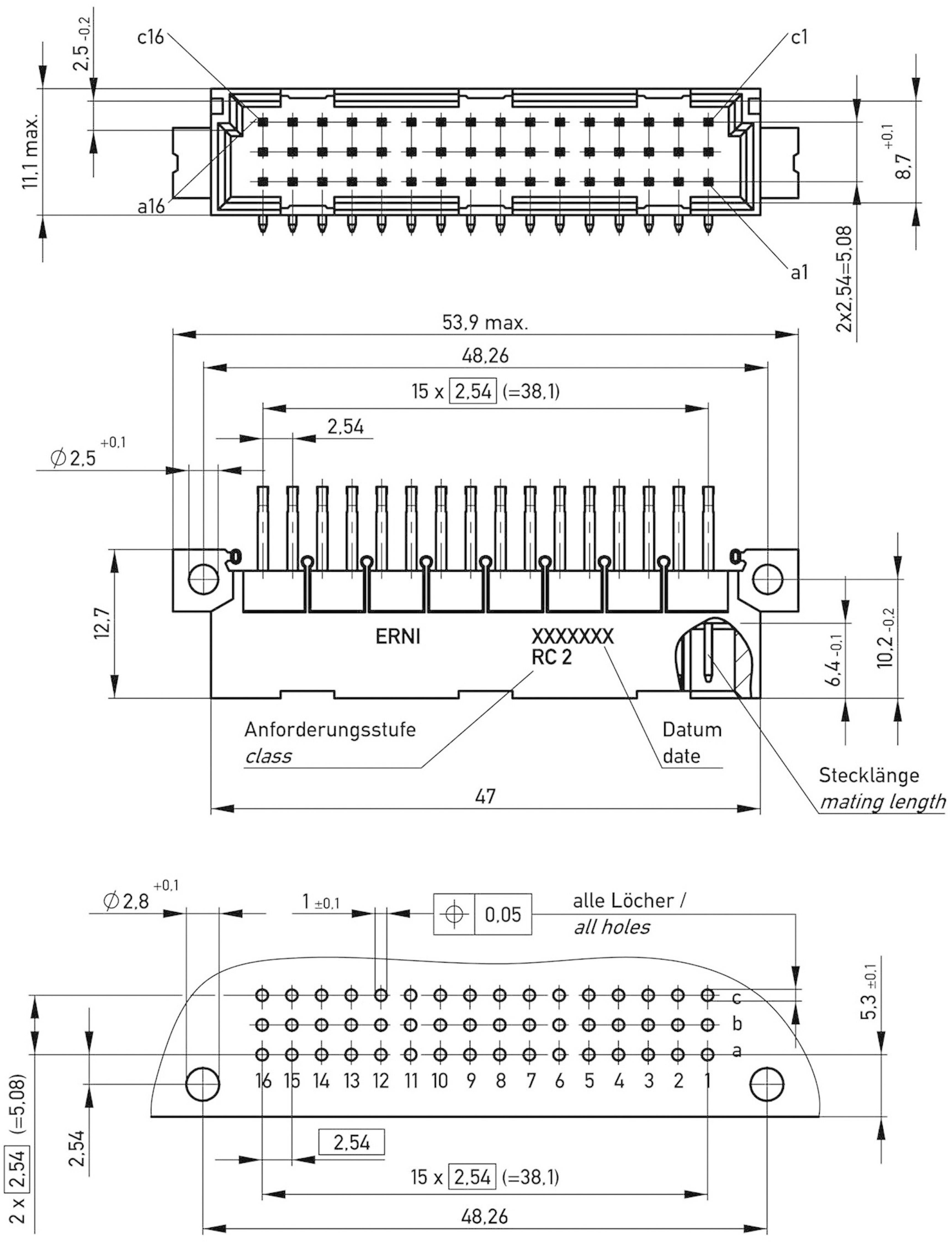 ERNI 254324 Connecteur mâle Nombre total de pôles 48 Nbr de rangées 3