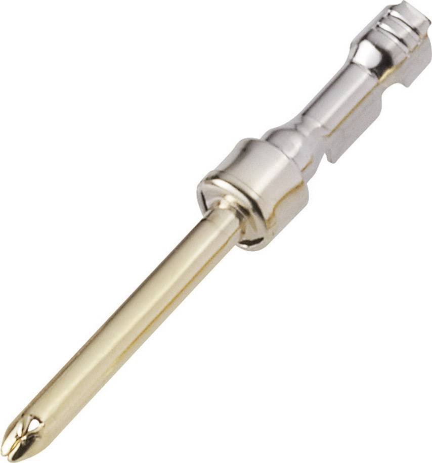 Un contact de connecteur métallique doré avec un corps cylindrique étroit ; utilisé pour établir une connexion électrique.