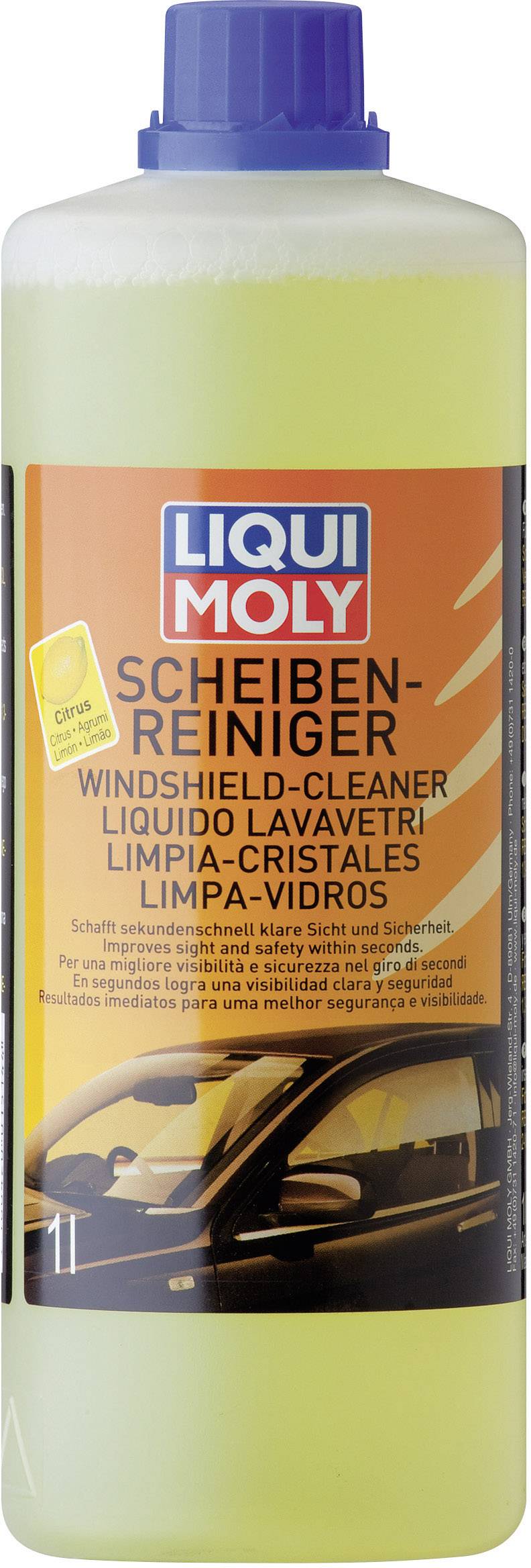 Une bouteille de liquide lave-glace LIQUI MOLY avec un liquide jaune et une étiquette décrivant son utilisation comme nettoyant vitres efficace.