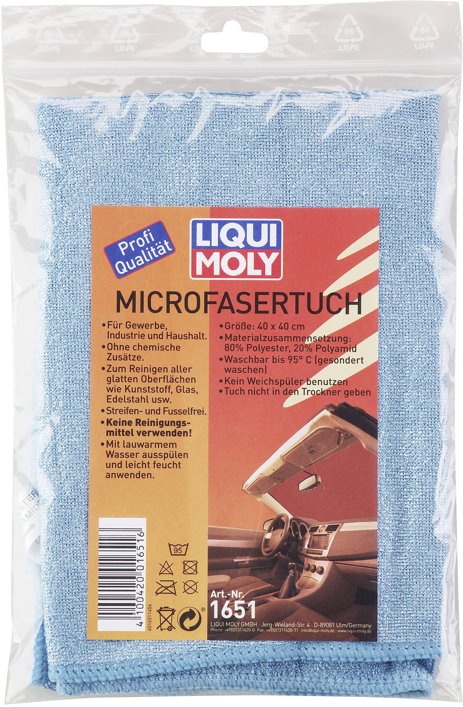 Chiffon en microfibre bleu de 'Liqui Moly' dans son emballage. Caractéristiques : sans peluches, résistant, lavable jusqu'à 95°C, 40x40 cm.