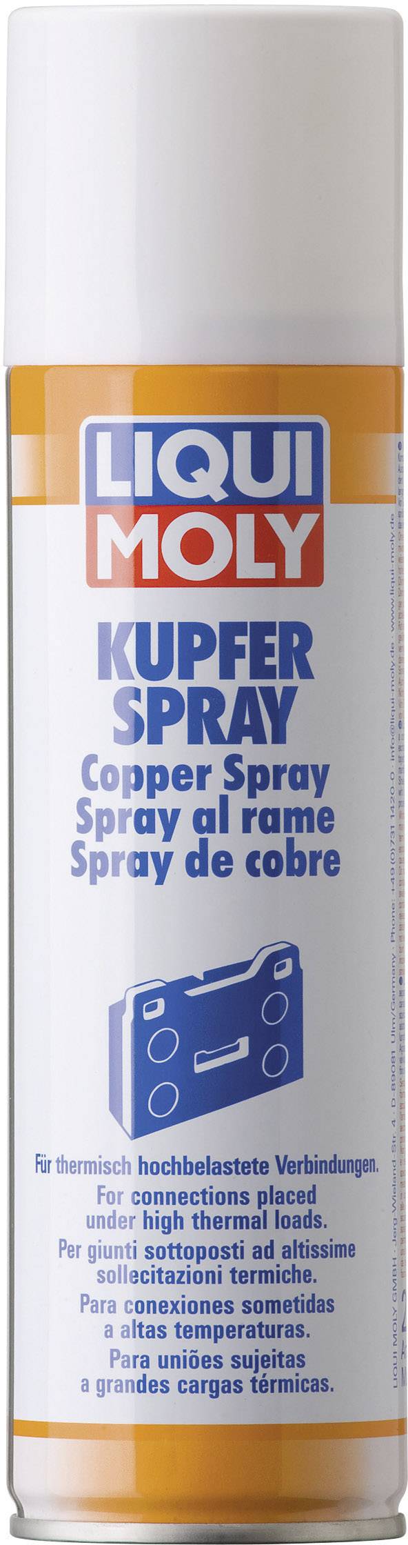 Aérosol de spray cuivre Liqui Moly, pour la lubrification des connexions soumises à des contraintes thermiques élevées.