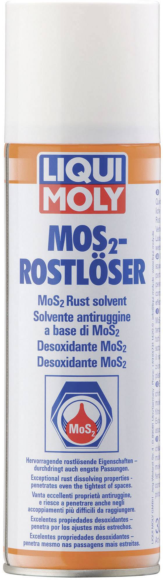 Bombe aérosol de dégrippant LIQUI MOLY-MoS2, texte principal en bleu, description d'un dissolvant de rouille. Contient du MoS2, détails multilingues.