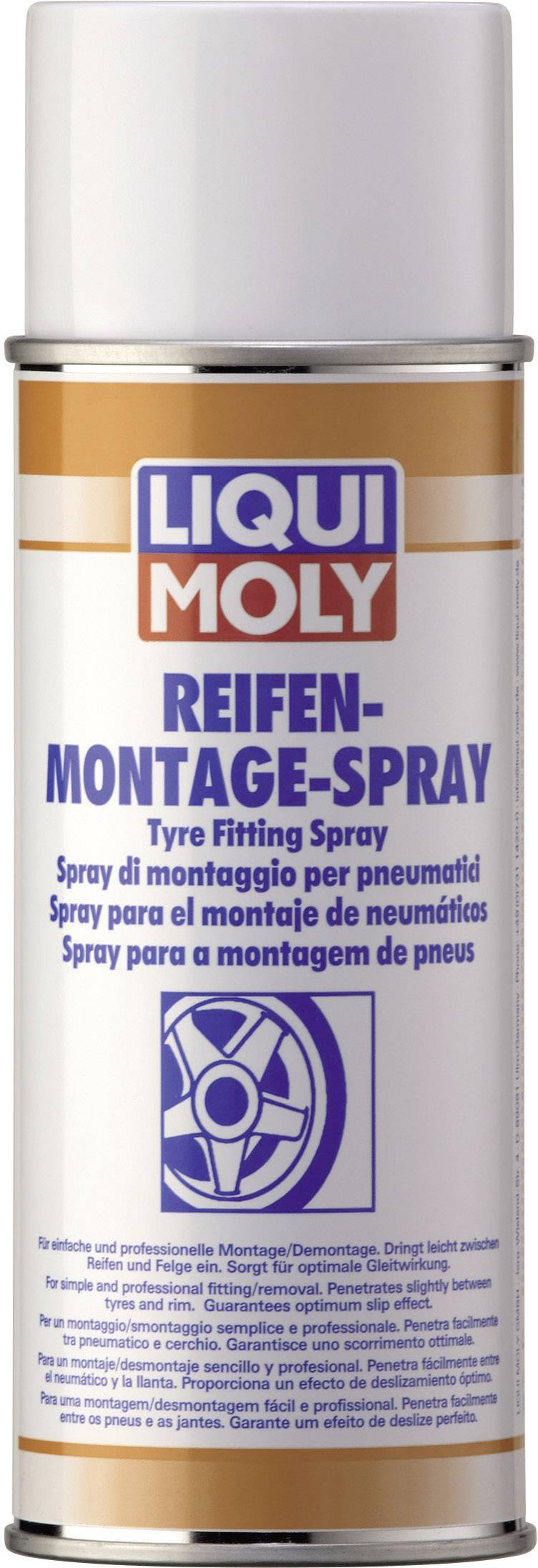 Une bombe aérosol 'Liqui Moly' portant l'inscription 'Spray de montage de pneus' et des descriptions en plusieurs langues.