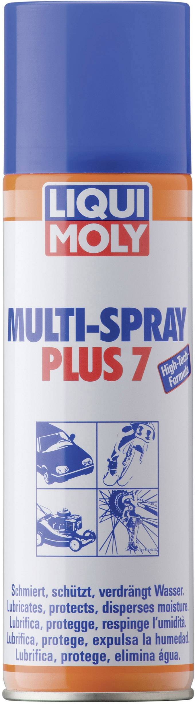 Bombe aérosol avec l'inscription 'LIQUI MOLY Multi-Spray Plus 7'. Pour voitures et vélos, protège et chasse l'eau, lubrifie et décolle.