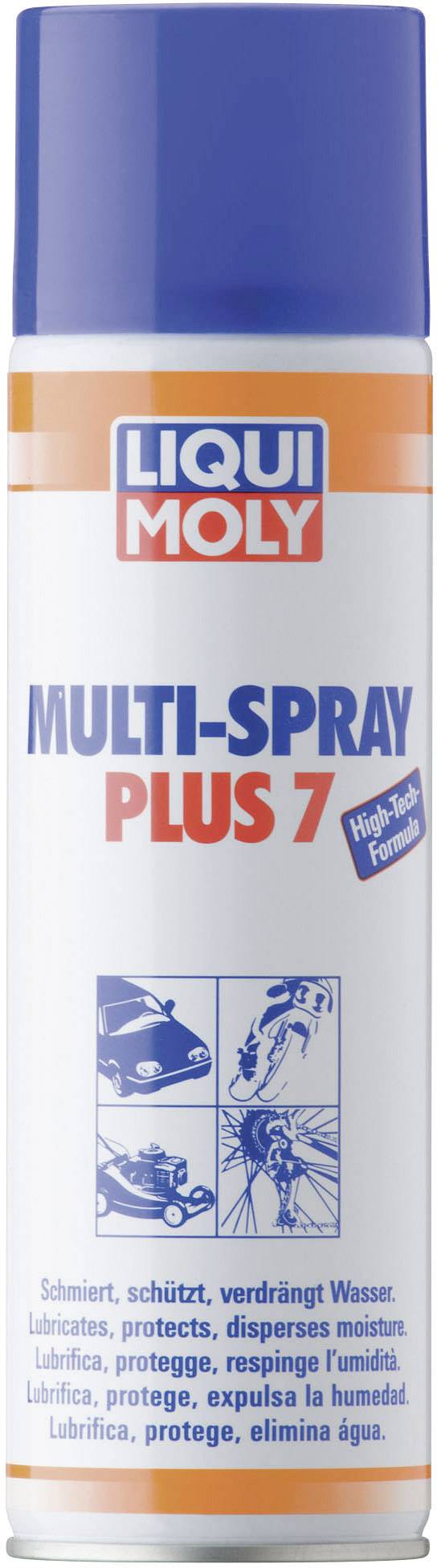 Bombe aérosol de Liqui Moly, 'Multi-Spray Plus 7', pour la lubrification et le déplacement de l'humidité. Contient des instructions de protection et d'entretien.