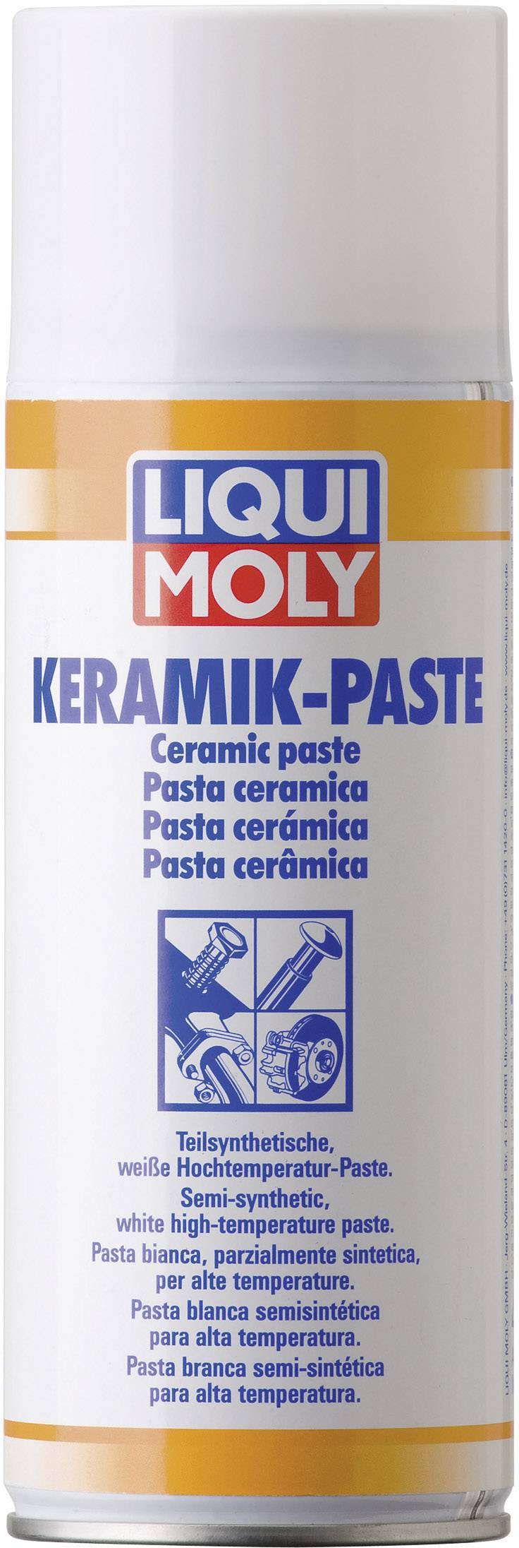 Une bombe aérosol de Liqui Moly contenant de la pâte céramique, adaptée aux applications à haute température. Comporte des inscriptions en plusieurs langues.