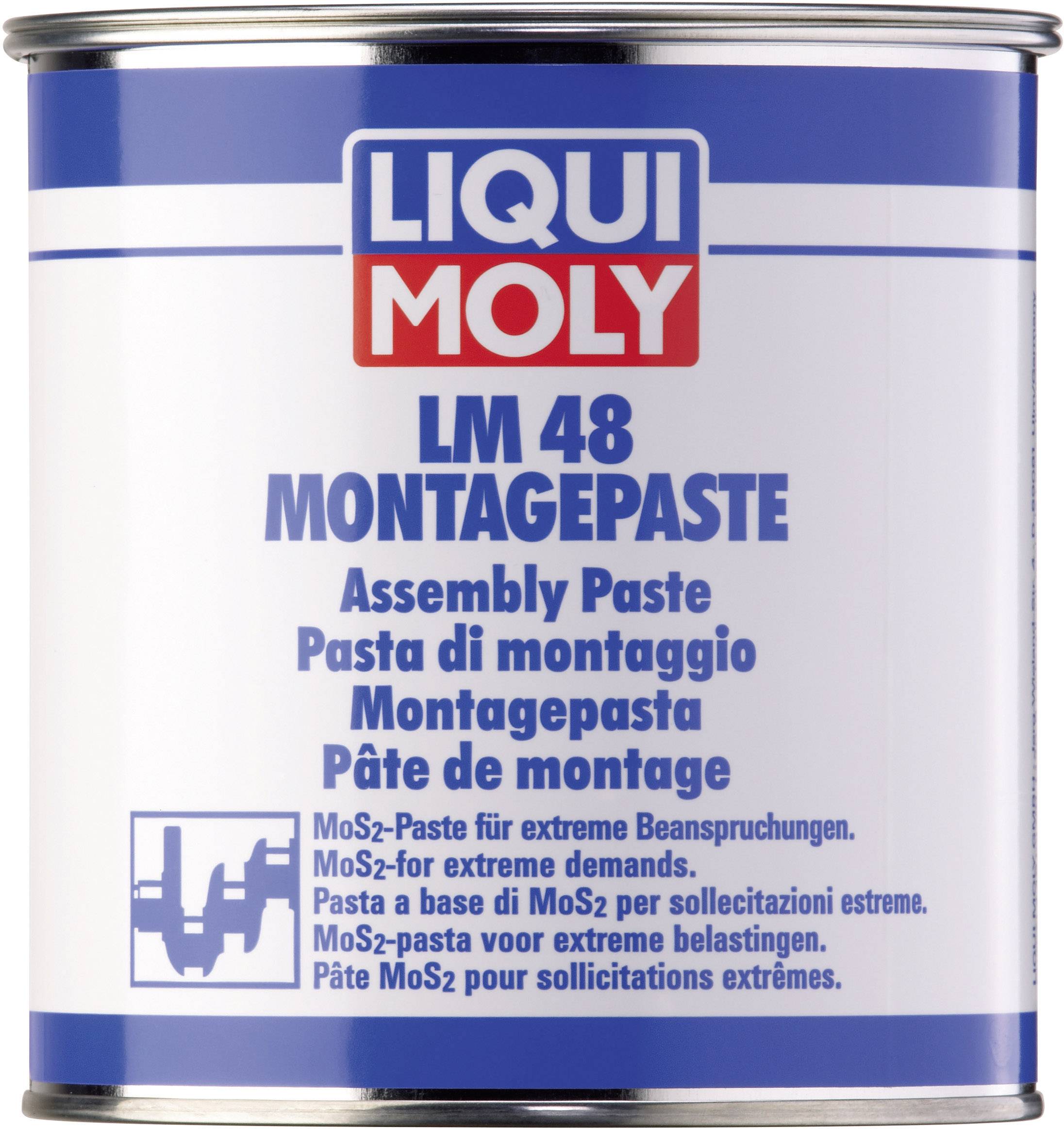 Un pot de 'LIQUI MOLY LM 48 Pâte de Montage'. Mise en évidence textuelle d'une pâte de montage extrêmement résistante pour diverses applications dans plusieurs langues.