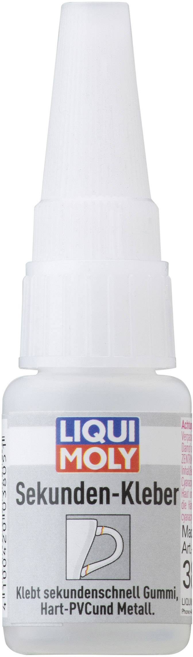 Colle instantanée de la marque Liqui Moly dans un petit flacon blanc ; convient pour un collage rapide du caoutchouc, du PVC rigide et du métal.