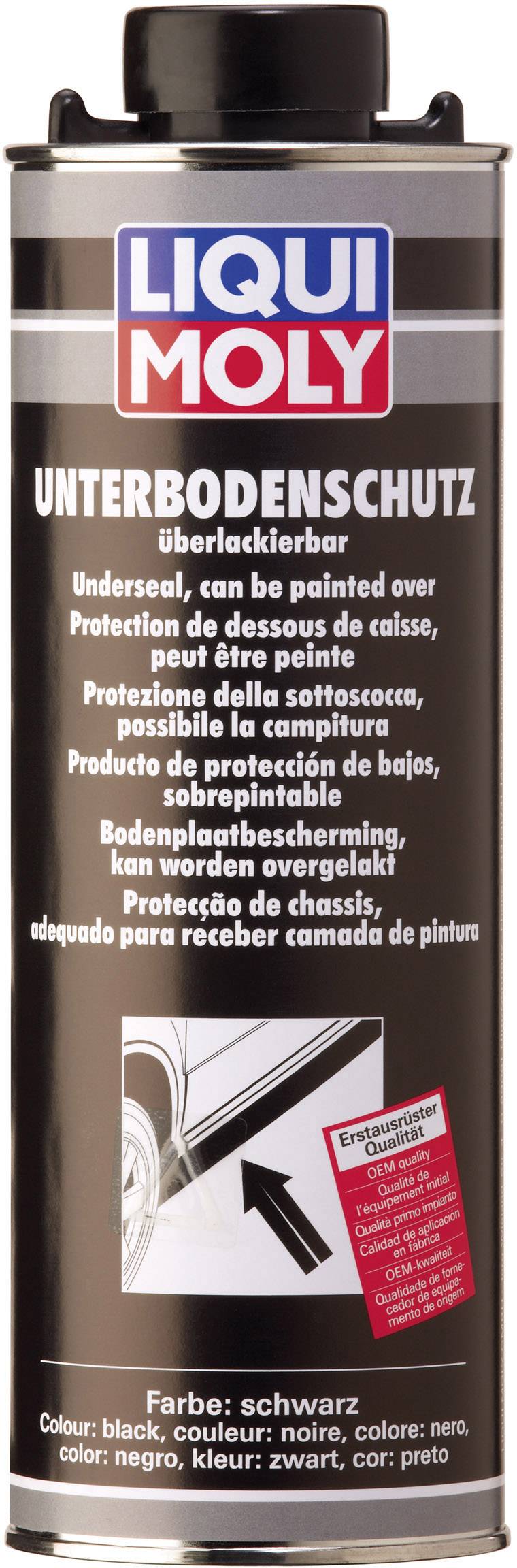 Boîte portant l'inscription 'LIQUI MOLY Protection de Soubassement', peut être repeinte, couleur noire. L'image montre un véhicule avec des parties traitées.
