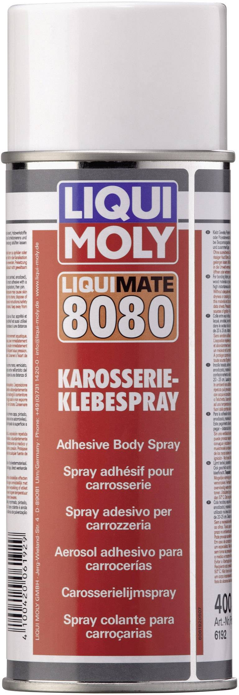 Boîte de spray de collage carrosserie Liqui Moly, modèle 'Liquimate 8080', 400 ml. Étiquetage en plusieurs langues sur fond rouge.