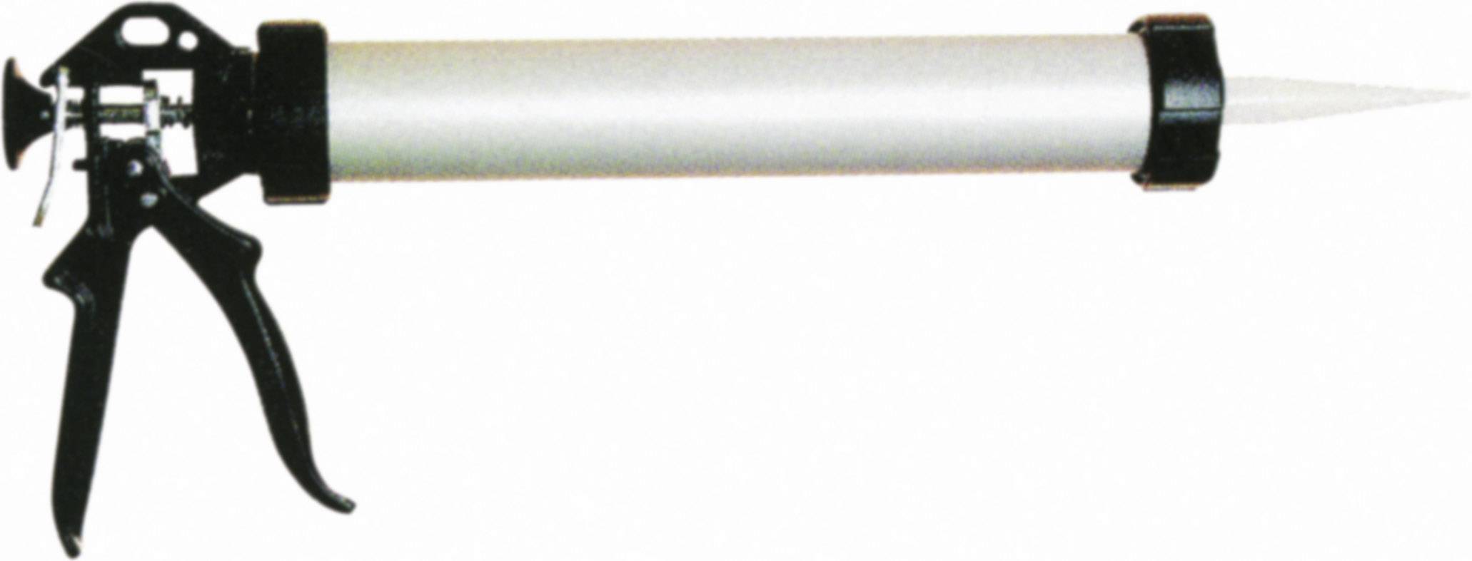 Pistolet à cartouche avec un long tuyau blanc et une poignée noire, utilisé pour l'application de matériaux de scellement ou de colmatage.