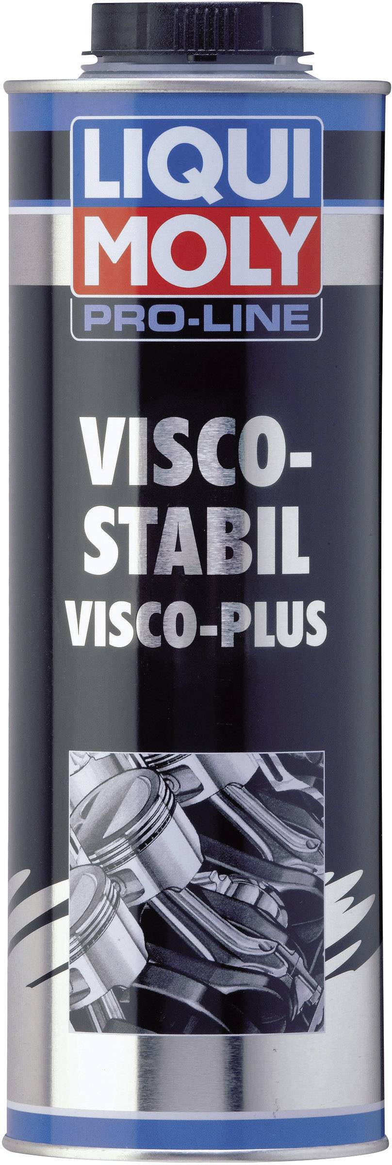 Dose Liqui Moly Pro-Line Visco-Stabil Visco-Plus, fond bleu et argenté, dessin technique de moteur en bas.