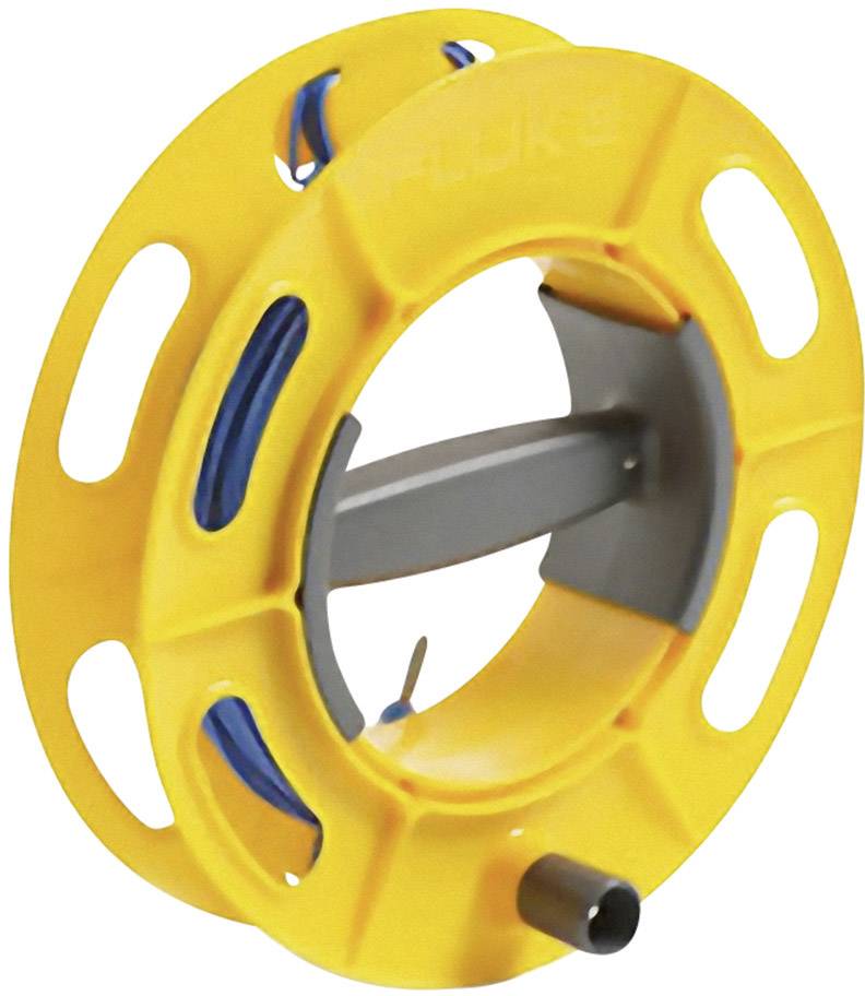 Tambour de câble jaune avec câble bleu, adapté pour les installations électriques et la gestion des câbles en intérieur.