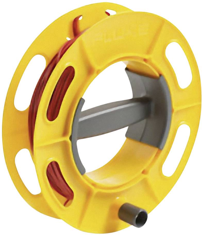Bobine de câble de marque 'Fluke' en jaune vif avec un câble rouge enroulé.