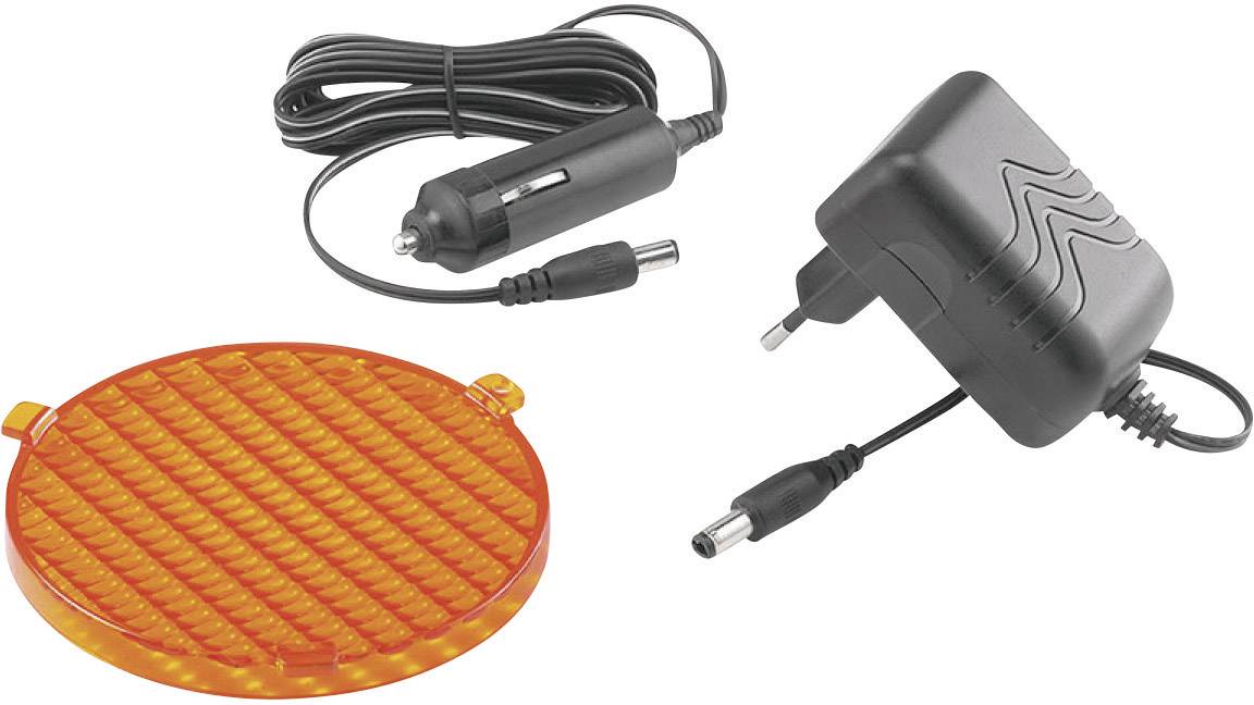 Un élément chauffant rouge avec un adaptateur automobile 12 volts et un adaptateur secteur avec prise européenne.
