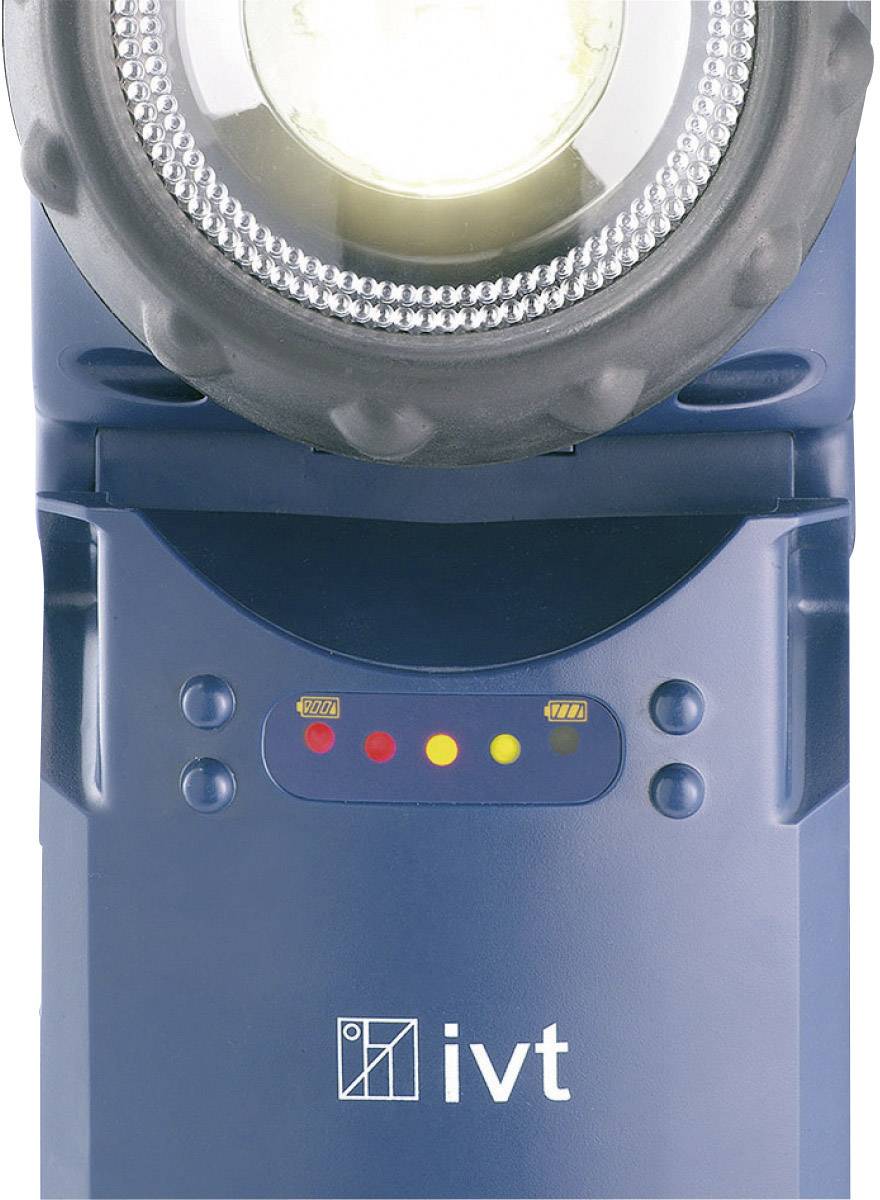 Appareil lumineux LED portable bleu avec quatre voyants en bas : un vert, un rouge, un jaune et un rouge. Logo 'ivt' visible.