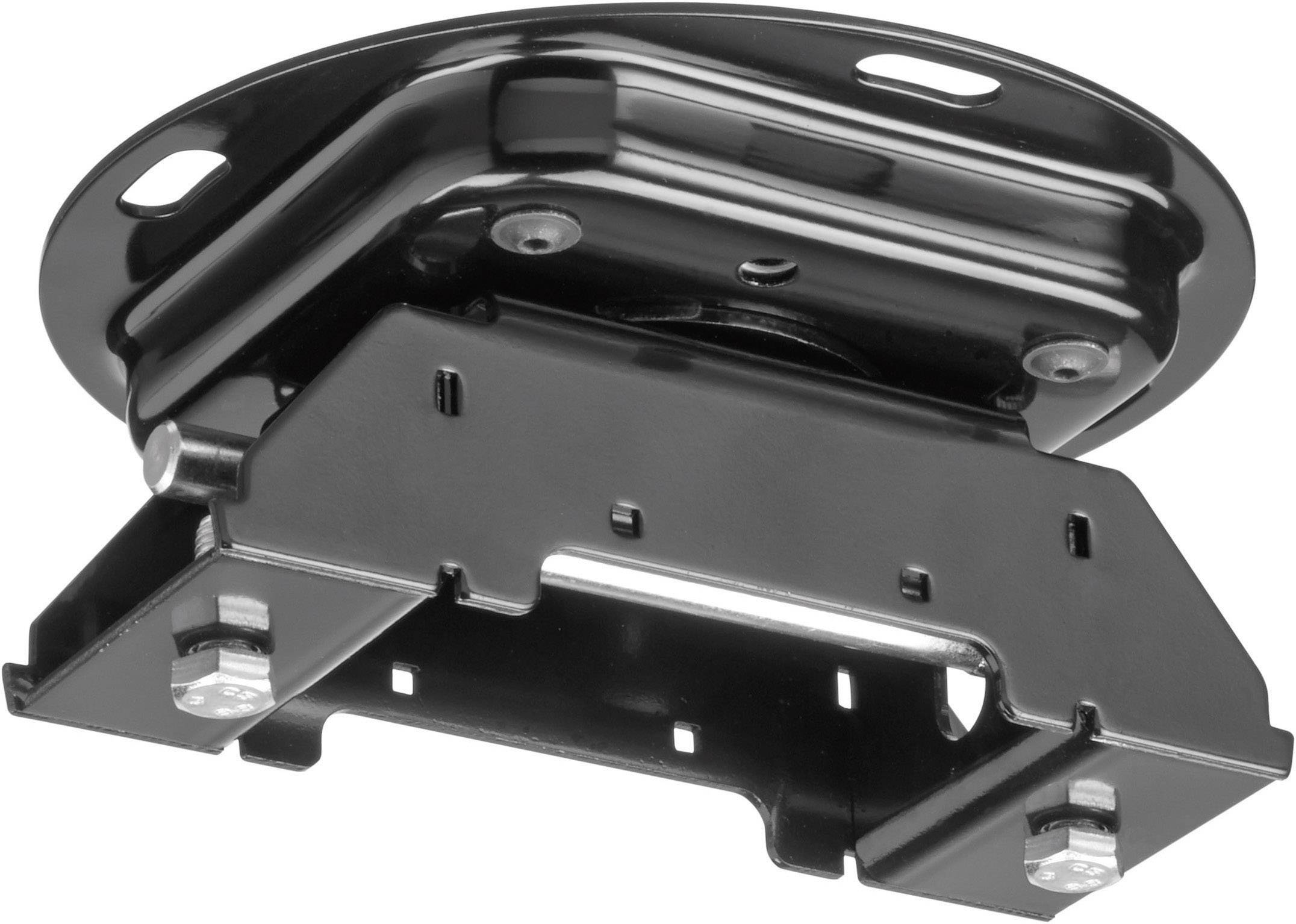 Support de fixation en métal noir avec plusieurs trous de montage et vis, adapté pour l'installation d'appareils ou de composants de mobilier au plafond.