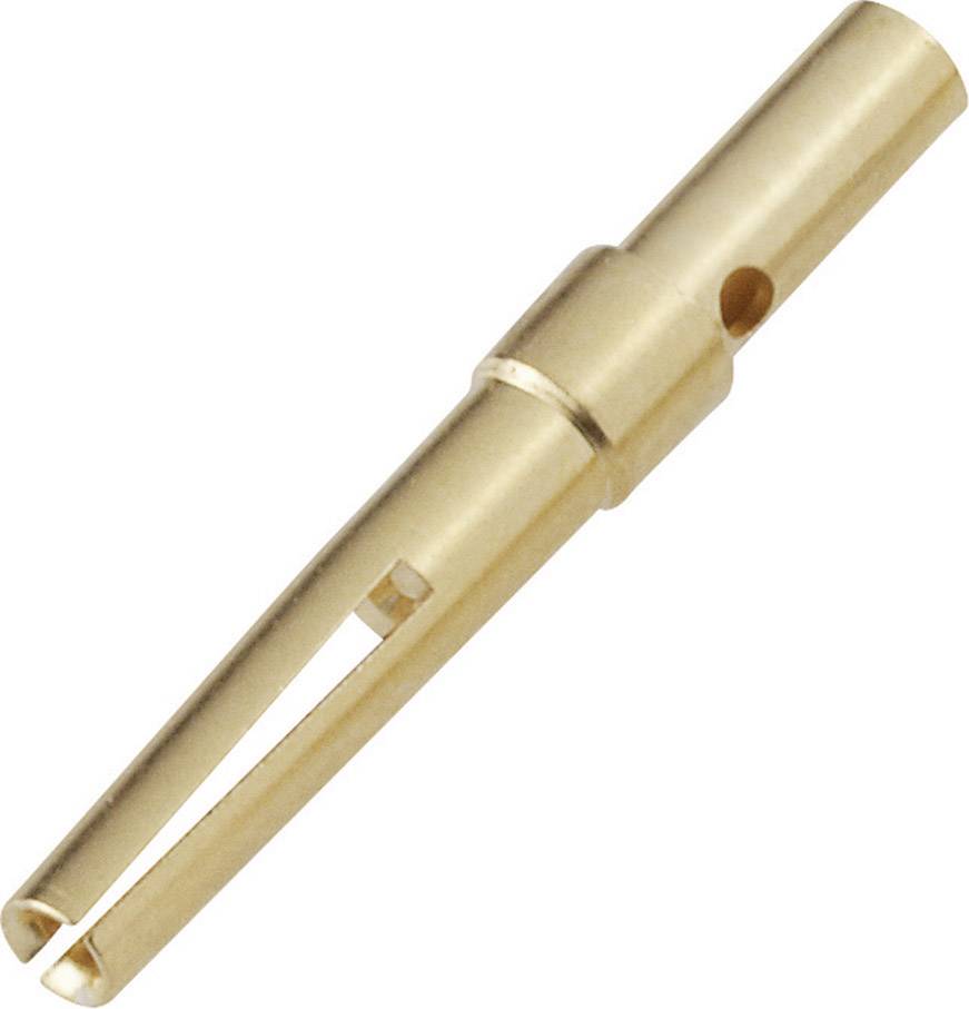 Une fiche métallique de forme cylindrique avec une ouverture latérale, probablement adaptée aux connexions électriques.