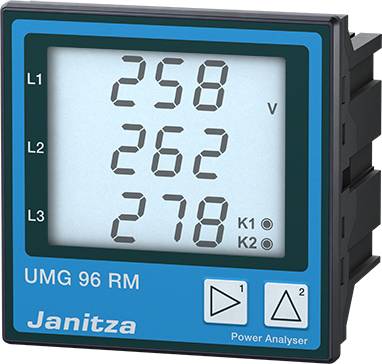 Un appareil de mesure numérique affiche les tensions électriques pour L1, L2 et L3 avec les valeurs : 258 V, 262 V, 278 V. Texte : 'UMG 96 RM'.