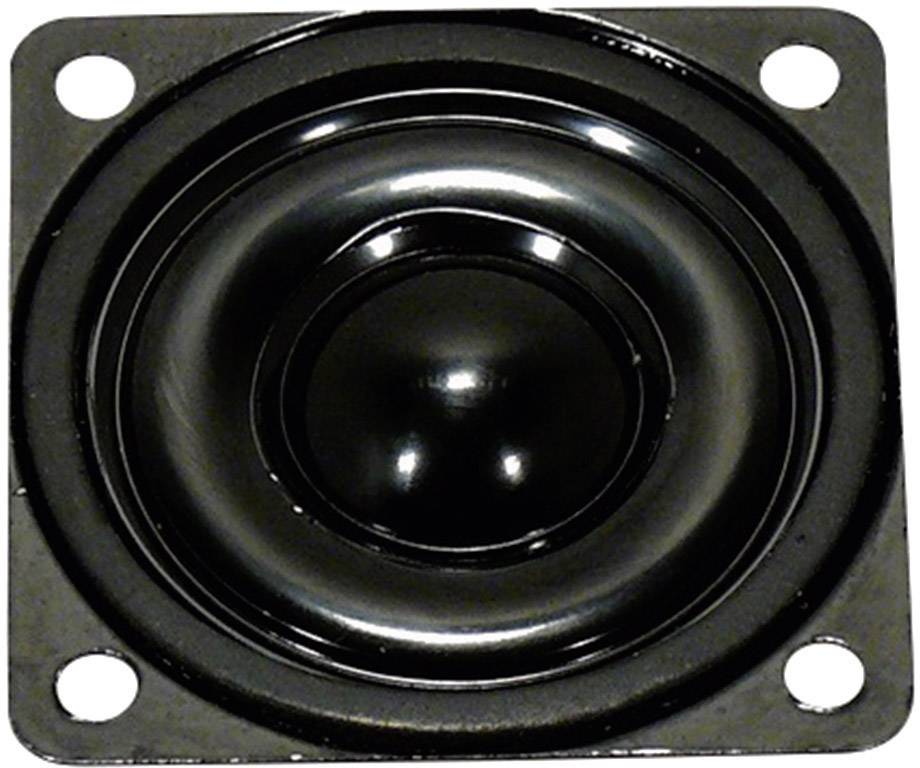 Un haut-parleur noir de forme carrée avec quatre trous de fixation, représenté de face.