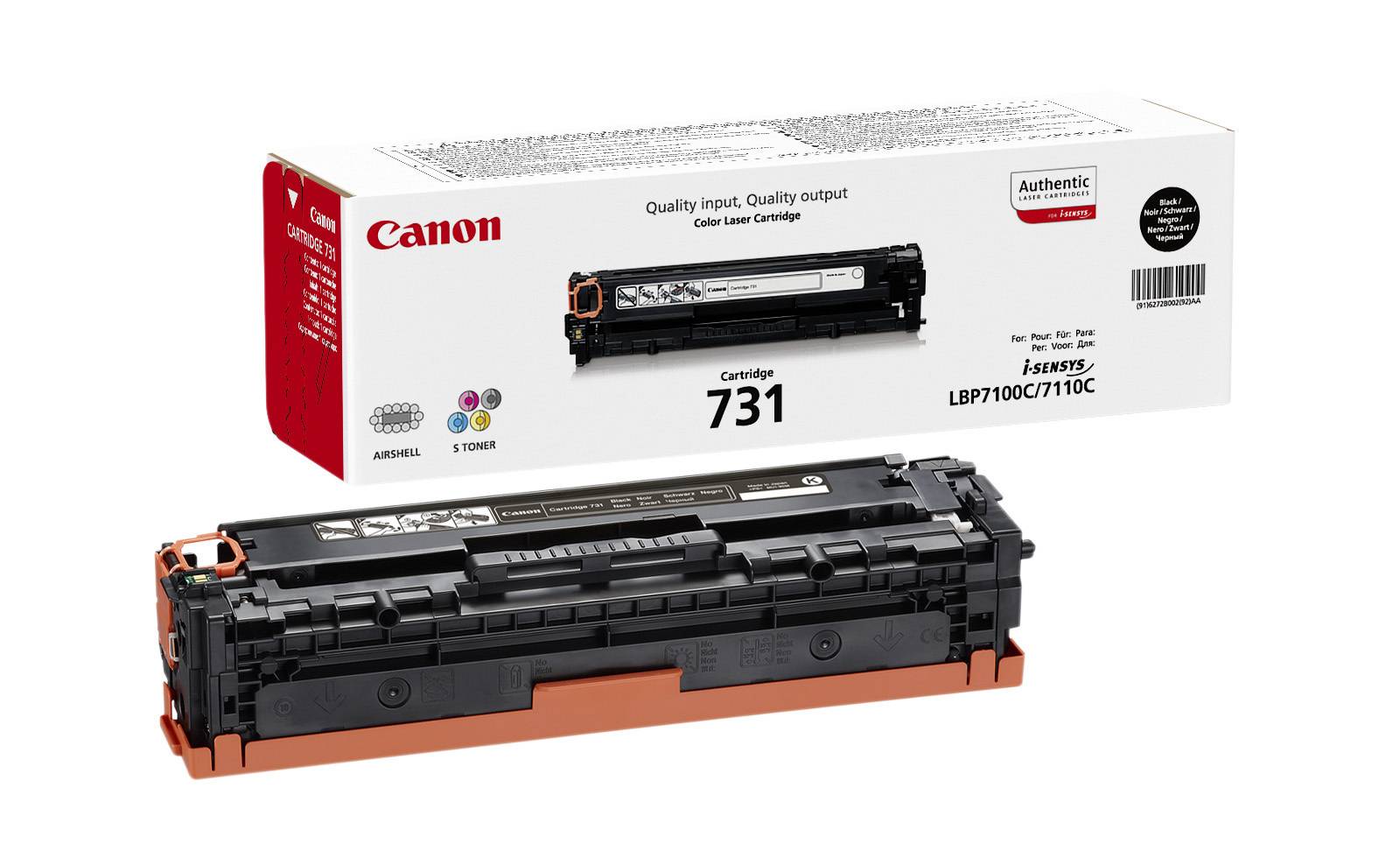 Cartouche de toner Canon 731 et son emballage, Noir, compatible avec certains modèles d'imprimantes Canon, affichant 'Quality Input, Quality Output'.