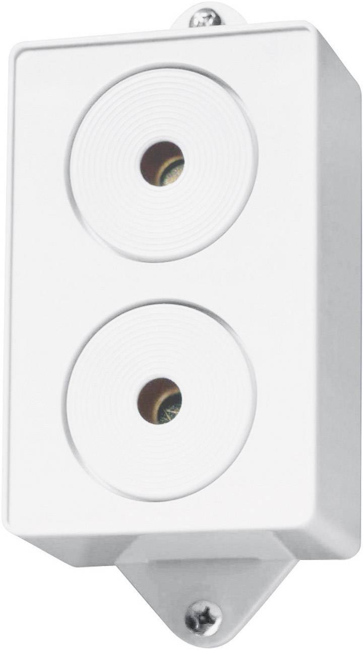 Un boîtier blanc avec deux ouvertures circulaires disposées l'une au-dessus de l'autre, probablement un dispositif technique pour installation fixe.