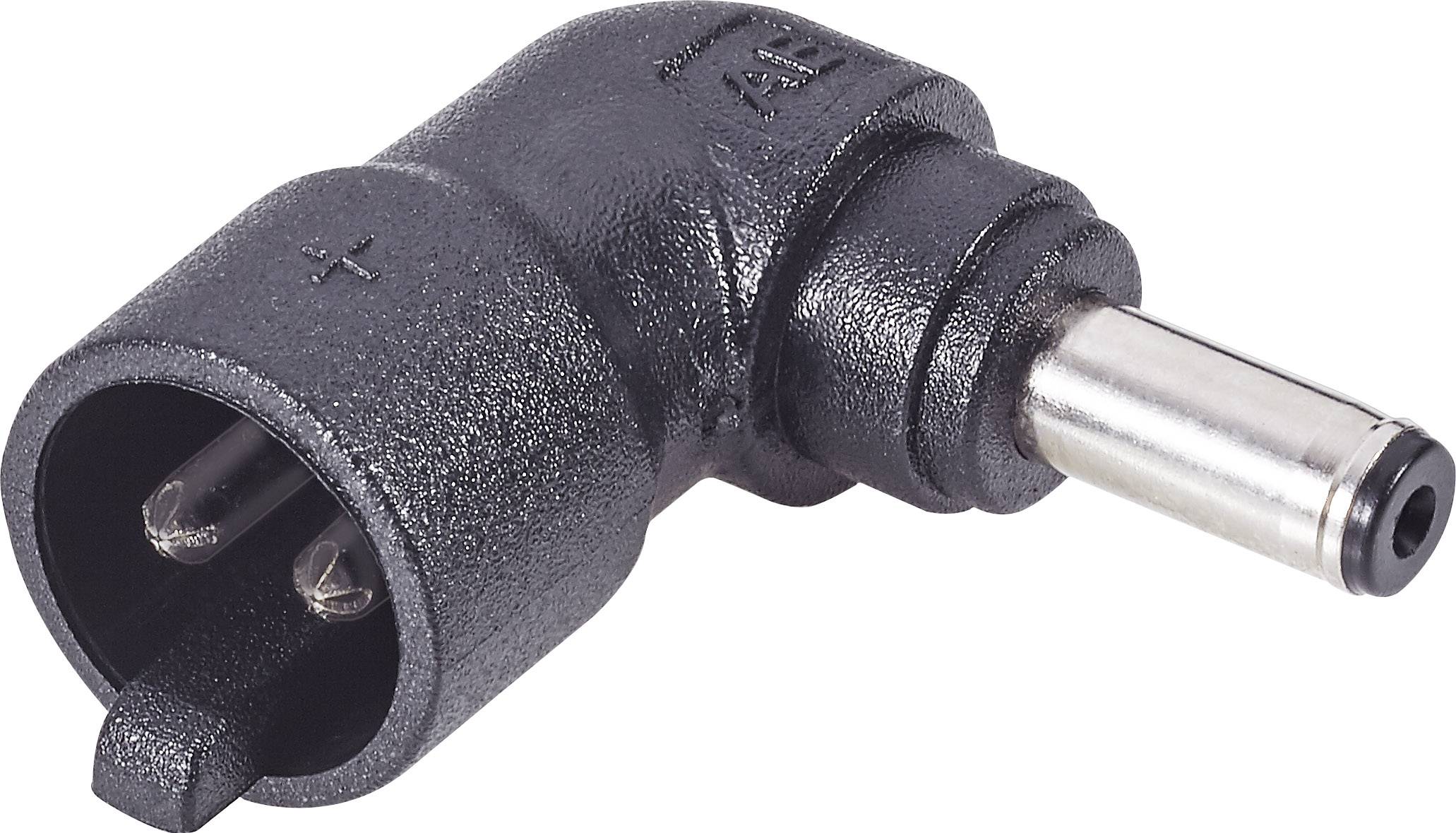 Adaptateur d'angle noir à deux broches avec un connecteur cylindrique à son extrémité, identifié par des marquages '+' et '-'.