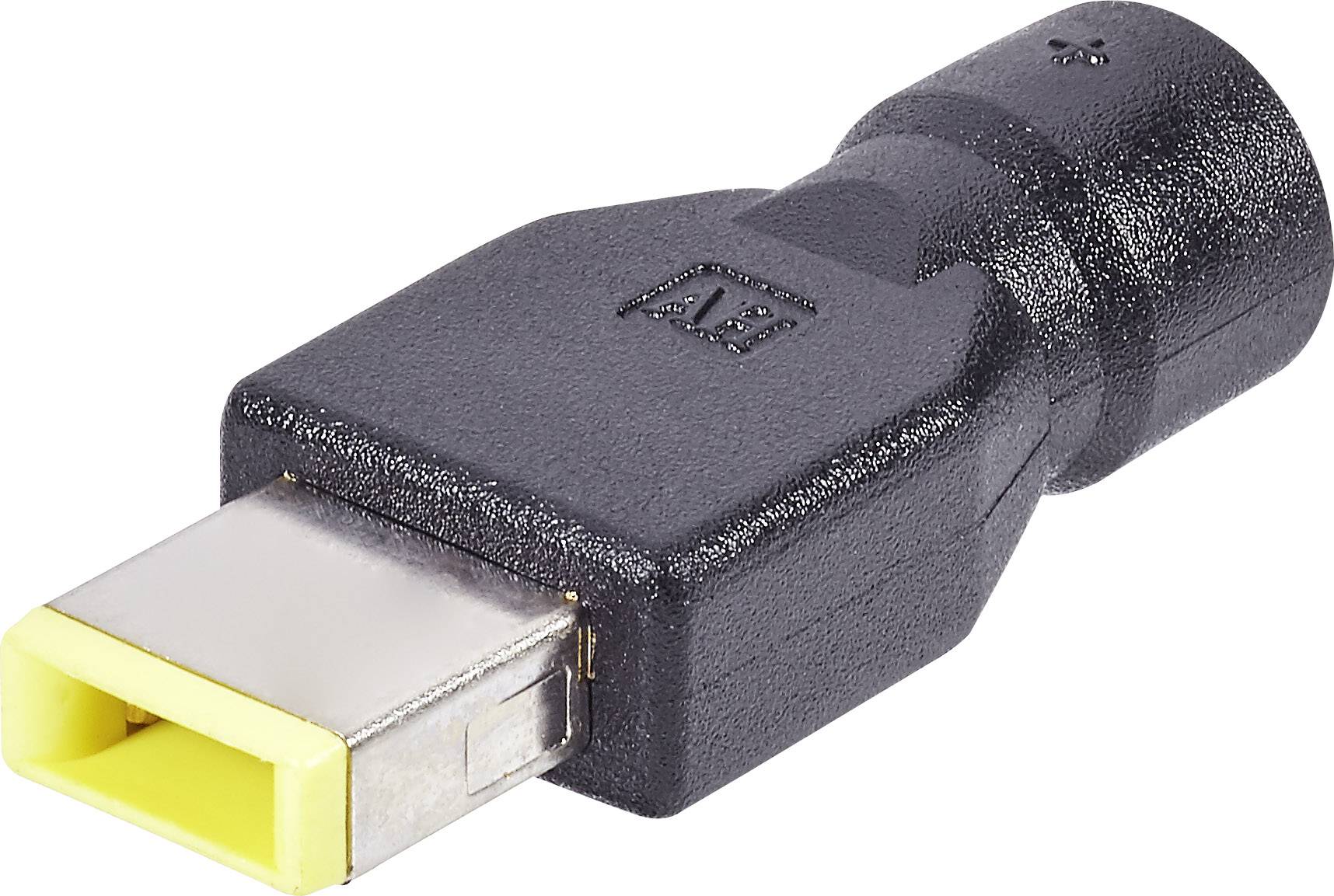 Adaptateur secteur noir avec embout jaune et connecteur rectangulaire, représentation d'un connecteur électronique.