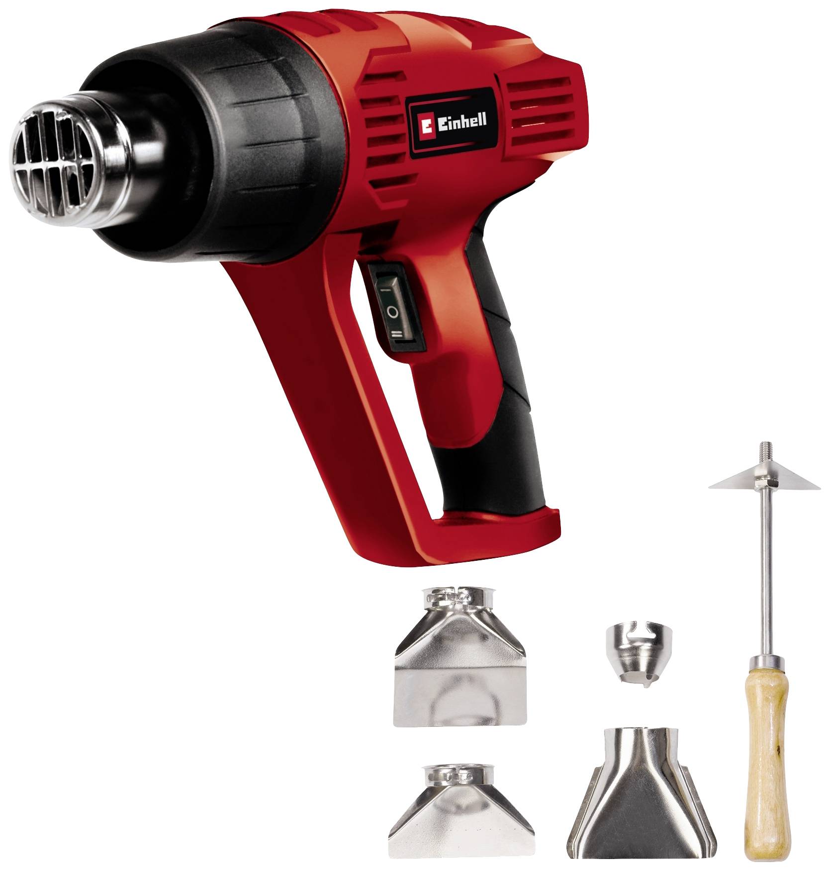 Pistolet à air chaud en rouge avec plusieurs buses et un outil à manche en bois. Adapté pour enlever la peinture et le vernis.