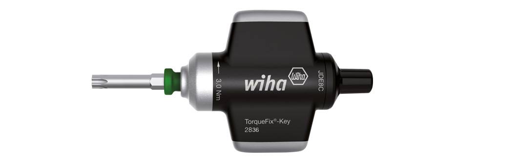 Outil de couple Wiha TorqueFix avec indication du couple de 2,0 Nm. Couleurs noire et grise, adapté aux travaux de vissage précis.
