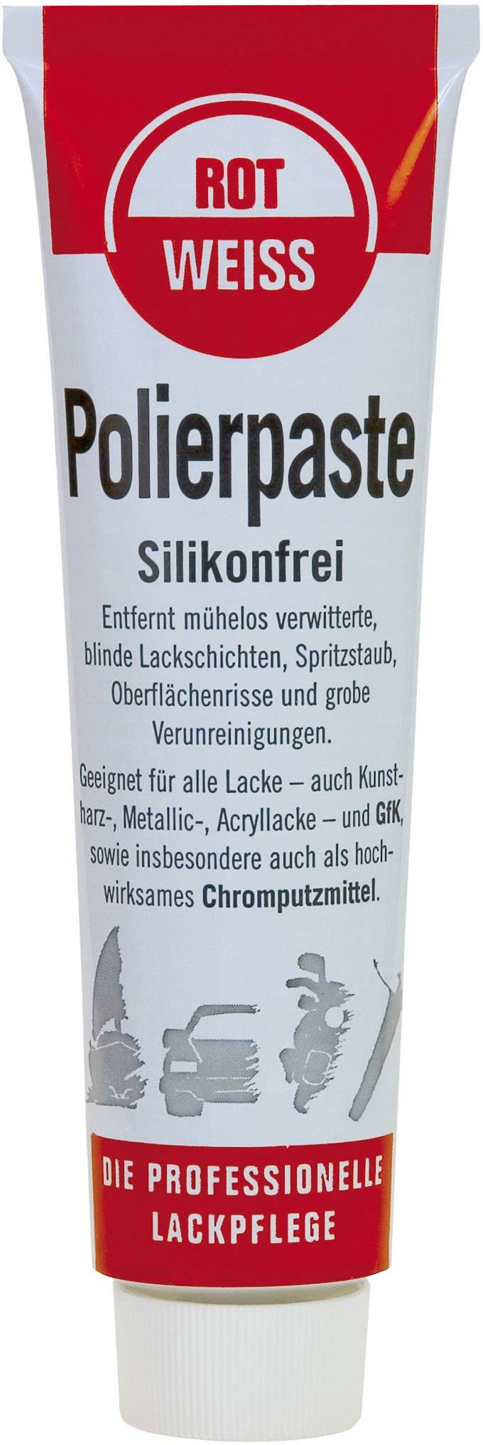 Un tube de pâte à polir 'Rot Weiss', sans silicone. Élimine les couches de peinture et les salissures. Convient à toutes les peintures.