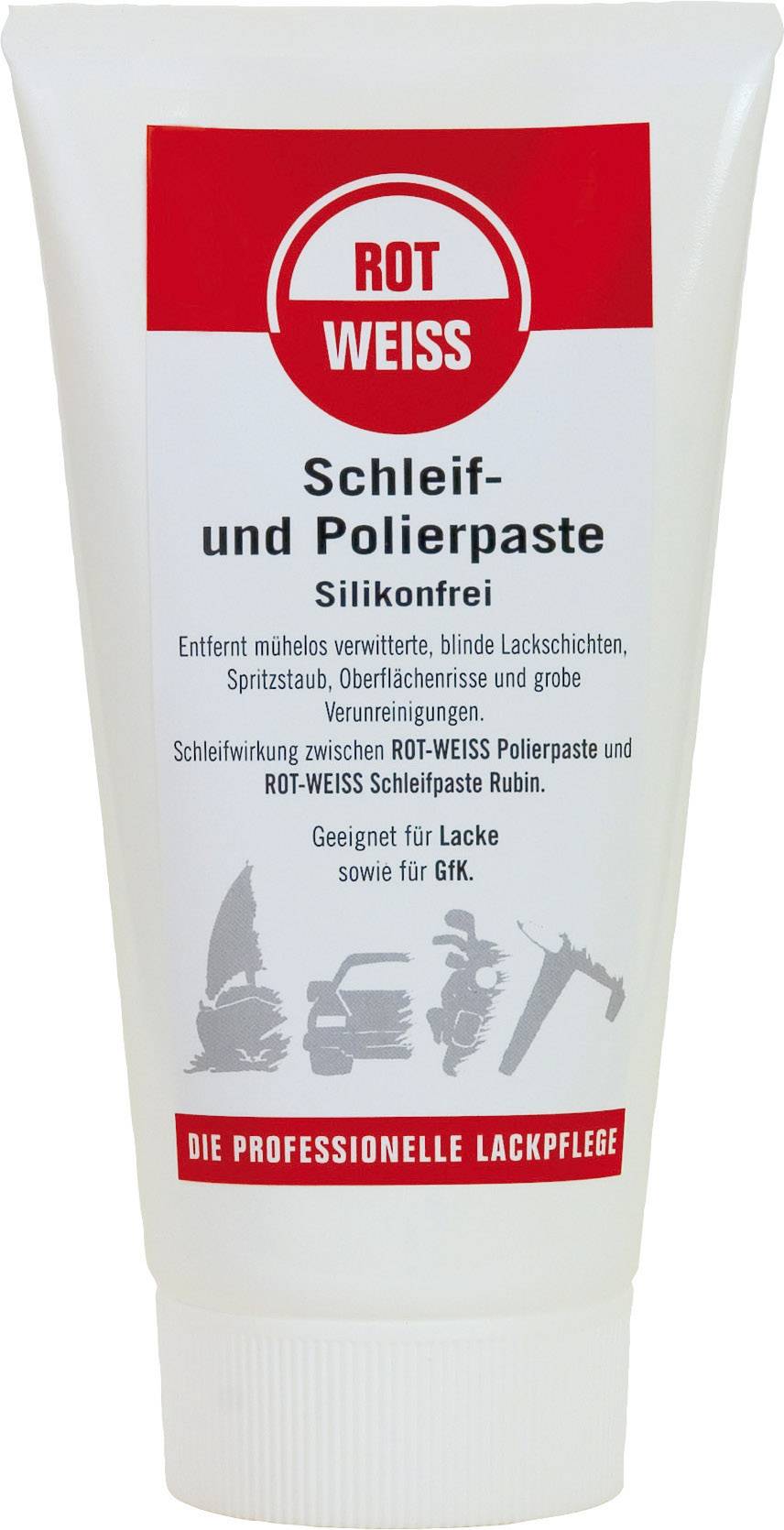 Pâte à polir et à poncer 'ROT WEISS'. Élimine les couches de peinture et les impuretés. Convient pour les peintures et les matériaux composites (PRV/GRP).