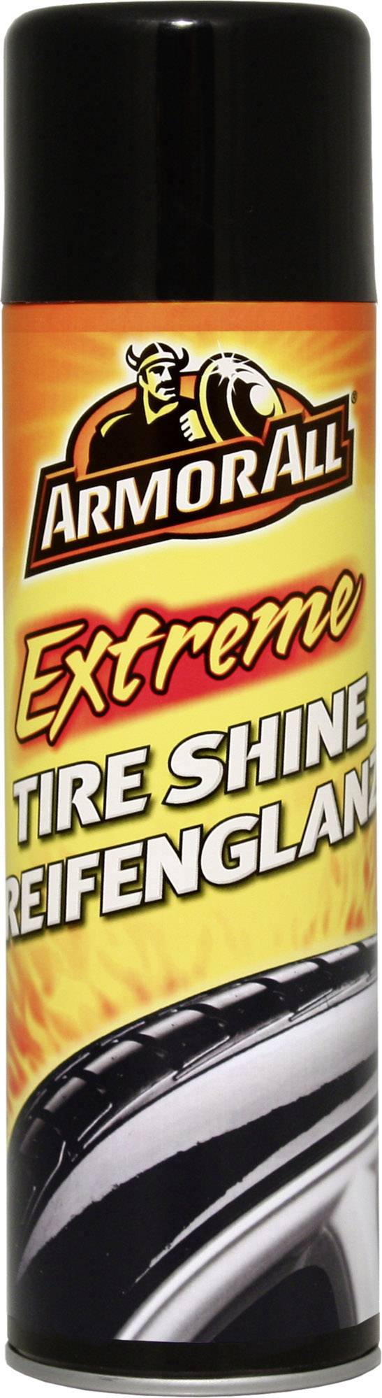 Bombe aérosol 'Armor All Extreme Tire Shine' sur un fond jaune avec un capuchon noir. Contient le texte : 'Brillant pour pneus'.