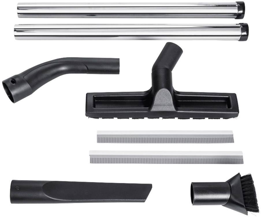Ensemble d'accessoires d'aspirateur : trois tubes métalliques, un tube coudé, une large buse pour sol, deux buses pour coins et crevasses, et un embout brosse.