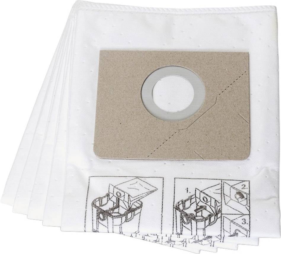 Sac d'aspirateur en non-tissé blanc avec six compartiments et instructions ; illustre l'installation étape par étape, fabriqué en carton, avec ouverture médiane.