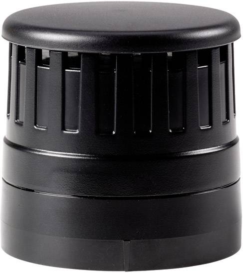 Objet cylindrique noir avec une section médiane striée et un couvercle lisse, arrondi et plat.