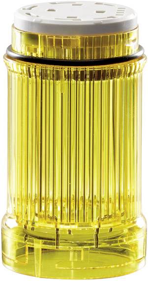 Un saupoudroir à épices jaune, transparent, avec une surface texturée et un couvercle blanc vissable.