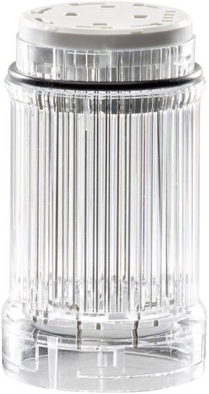 Salière transparente au design nervuré avec un couvercle blanc, dotée de tiges métalliques dans le socle pour une meilleure stabilité.
