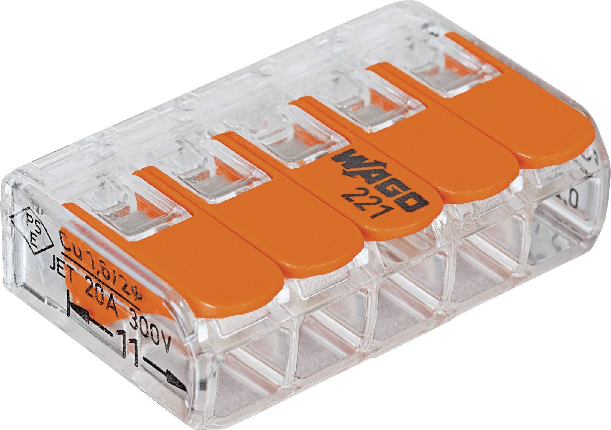 Une borne de connexion électrique transparente à cinq emplacements avec des leviers oranges, marquée 'WAGO 221' pour un câblage simple.
