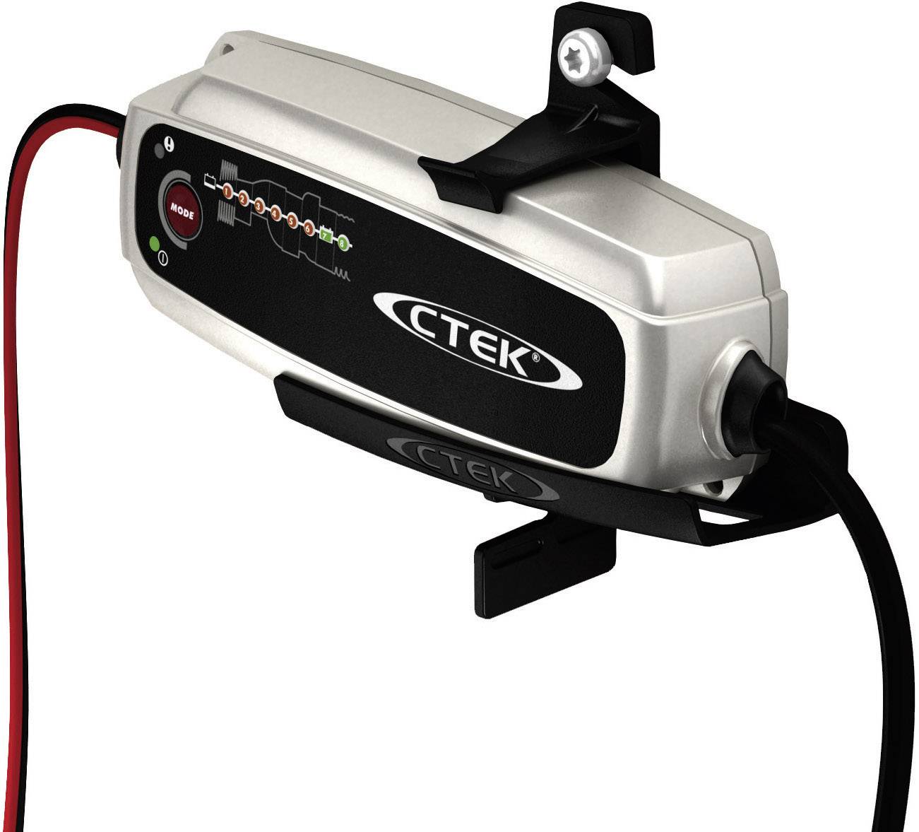 Chargeur de batterie CTEK avec câbles de connexion et voyants LED indiquant l'état de charge.