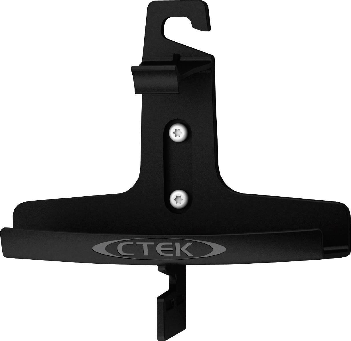 Support noir avec crochets et rail de fixation, logo de marque 'CTEK' visible. Adapté pour suspendre et organiser des appareils.