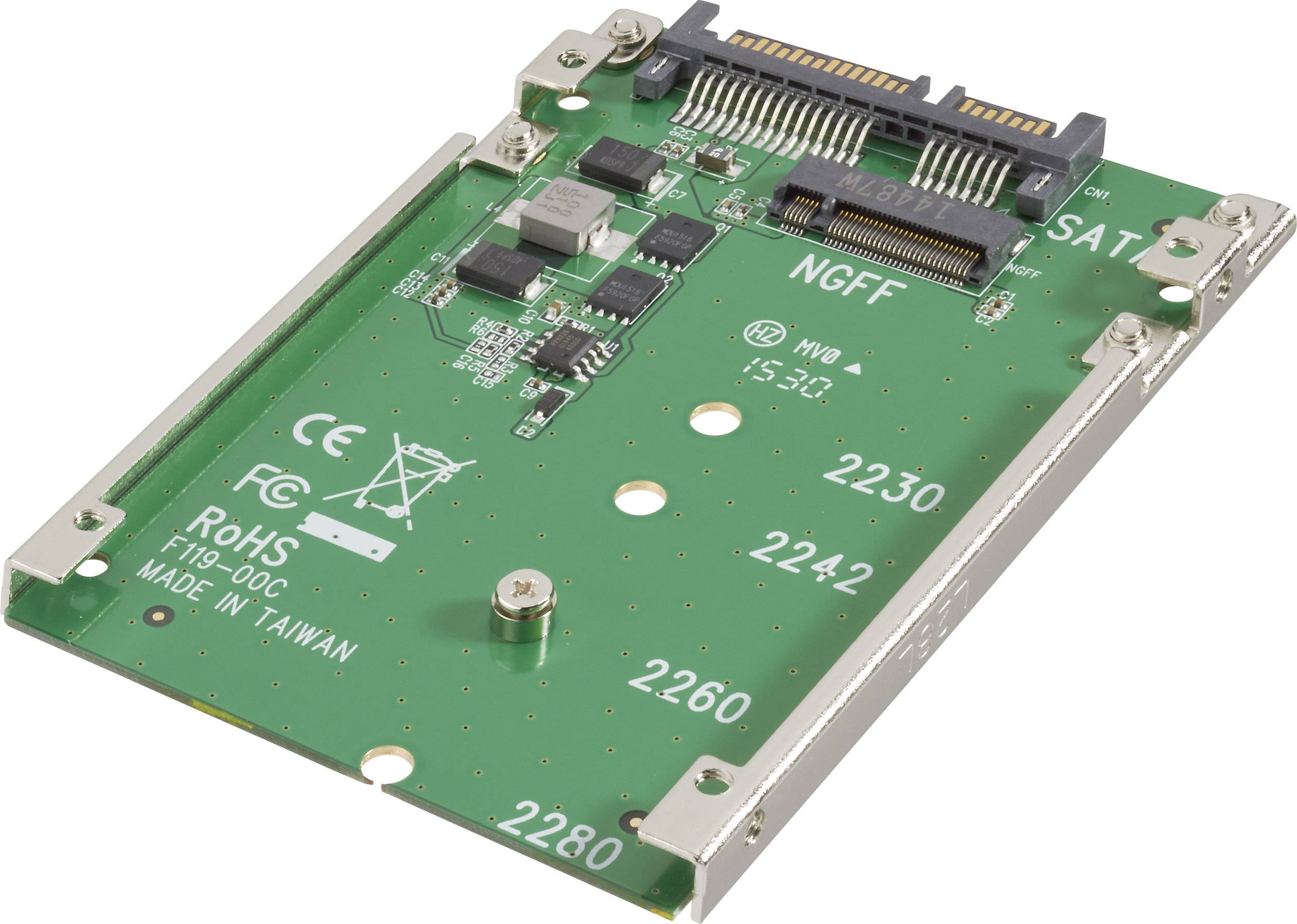 Carte électronique verte d'un adaptateur de disque dur avec un emplacement NGFF, des interfaces et divers composants électroniques.