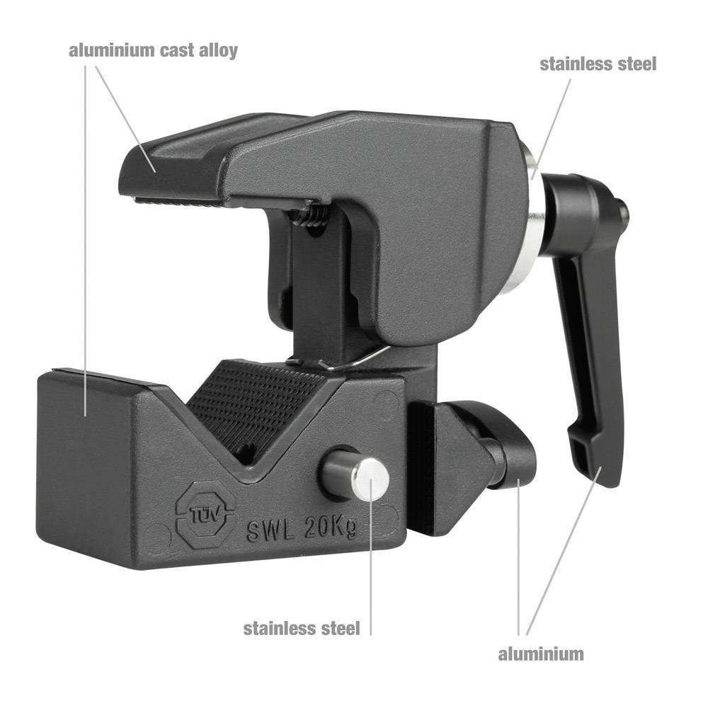 Pince en métal noir avec poignée et parties étiquetées : Moulage sous pression d'aluminium, acier inoxydable, aluminium. Charge maximale : 20 kg.
